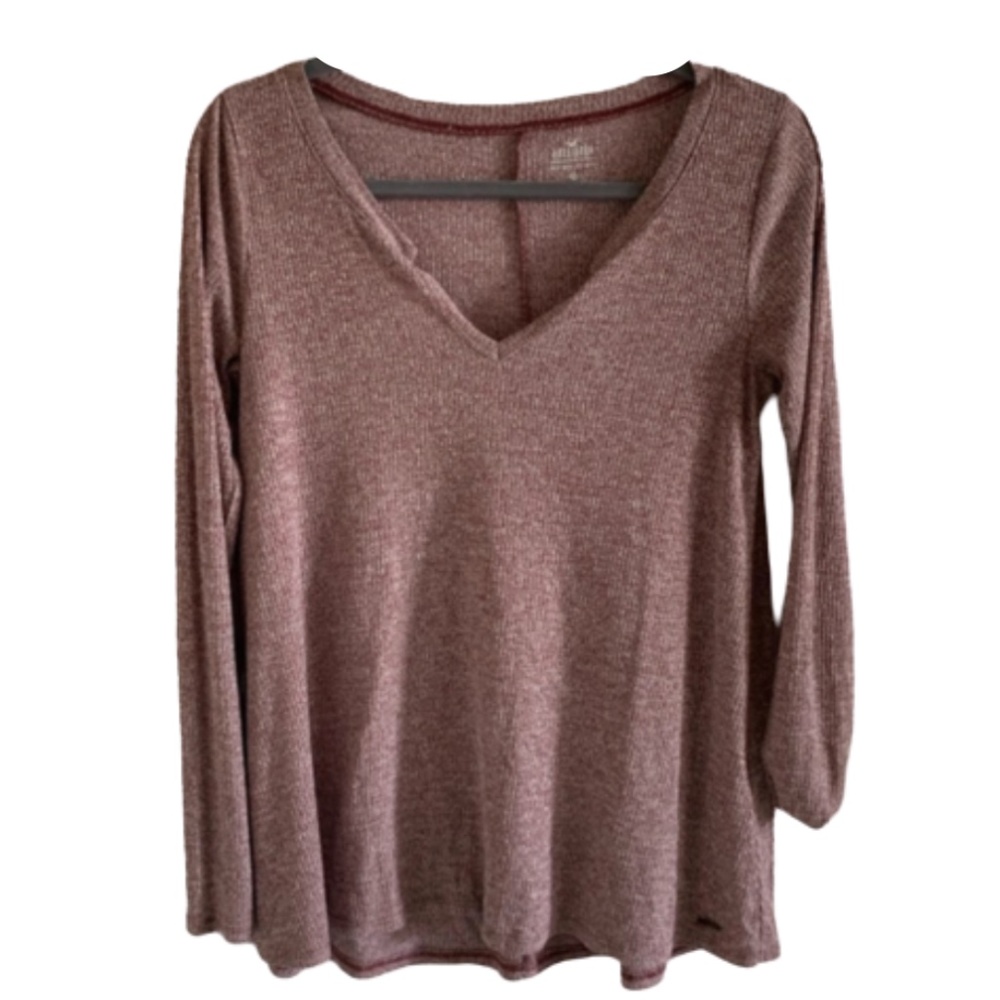 Hollister Red-Heathered Long Sleeve V-Neck Shirt